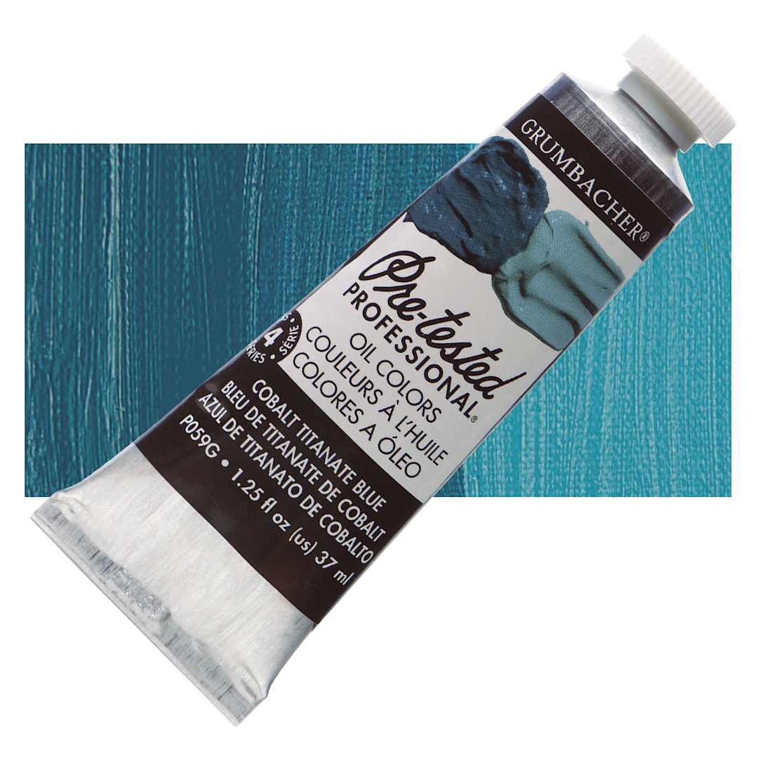 Open in modal - Grumbacher Pre-Tested Artists' Oil Color - Cobalt Titanate Blue, 1.25 oz tube and swatch
