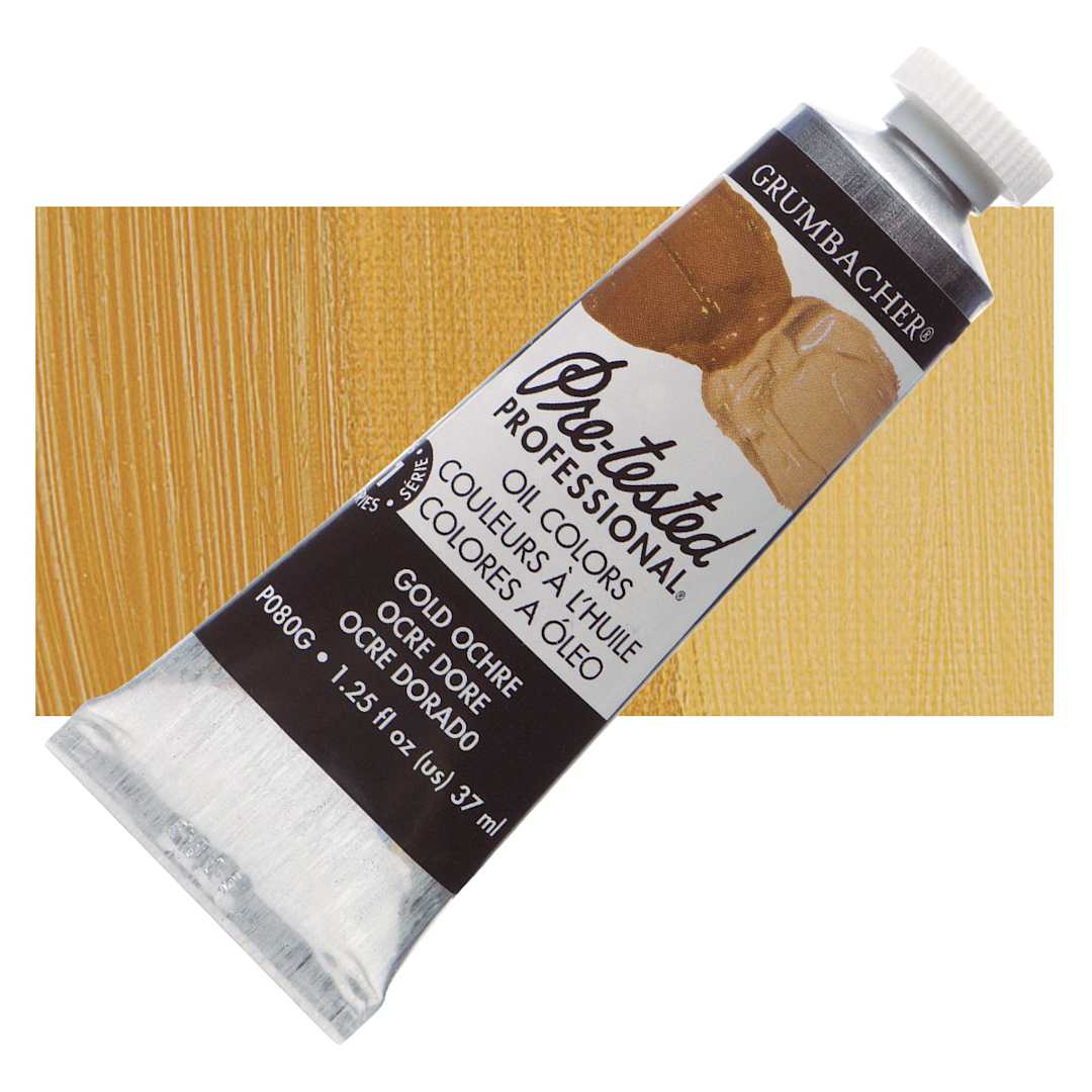 Open in modal - Grumbacher Pre-Tested Artists' Oil Color - Gold Ochre, 1.25 oz tube and swatch