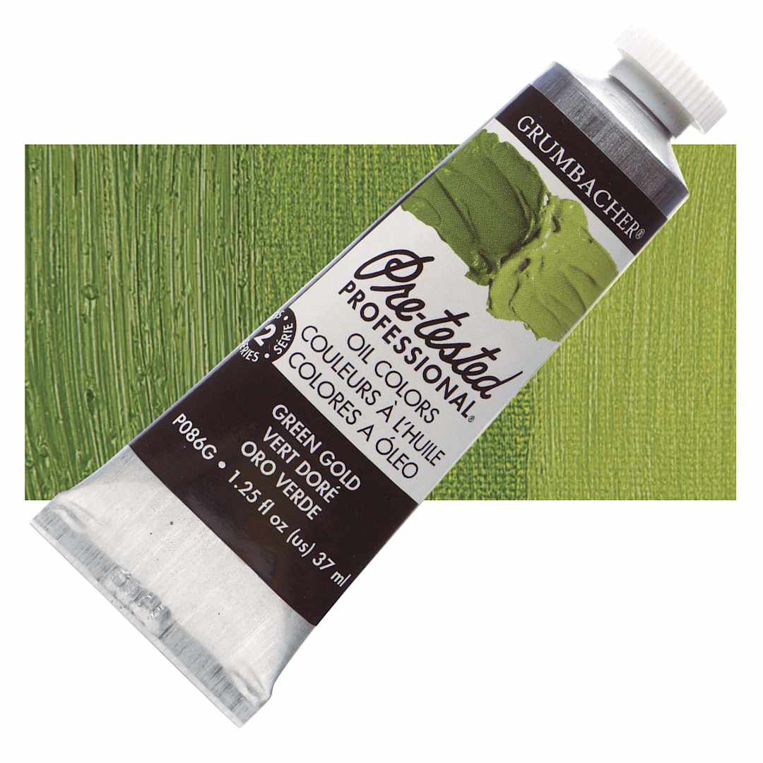 Open in modal - Grumbacher Pre-Tested Artists' Oil Color - Green Gold Hue, 1.25 oz tube and swatch
