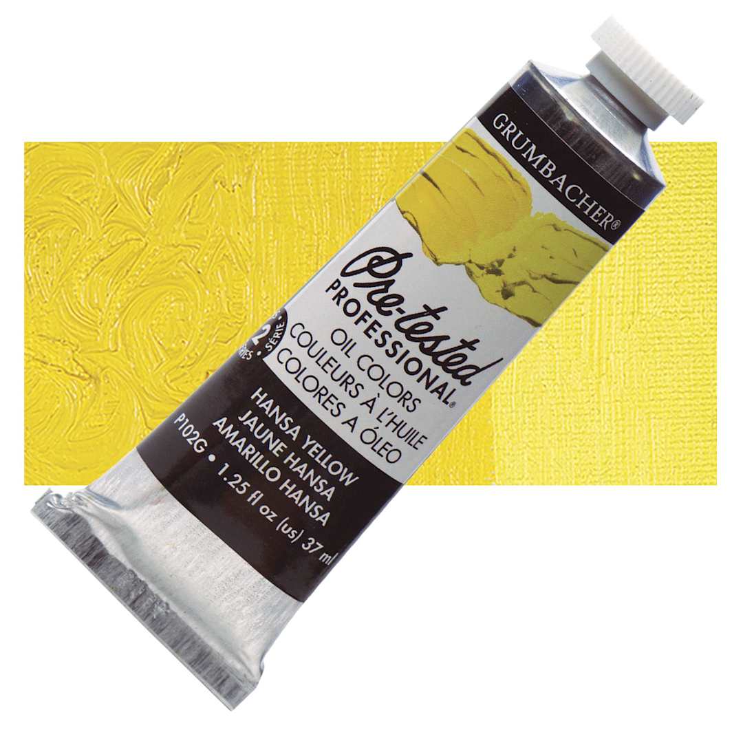 Open in modal - Grumbacher Pre-Tested Artists' Oil Color - Hansa Yellow, 1.25 oz tube and swatch