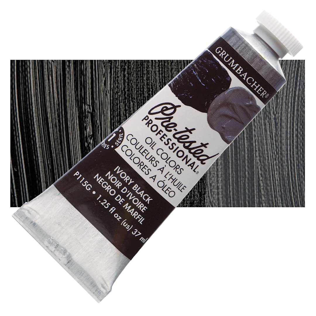 Open in modal - Grumbacher Pre-Tested Artists' Oil Color - Ivory Black, 1.25 oz tube and swatch