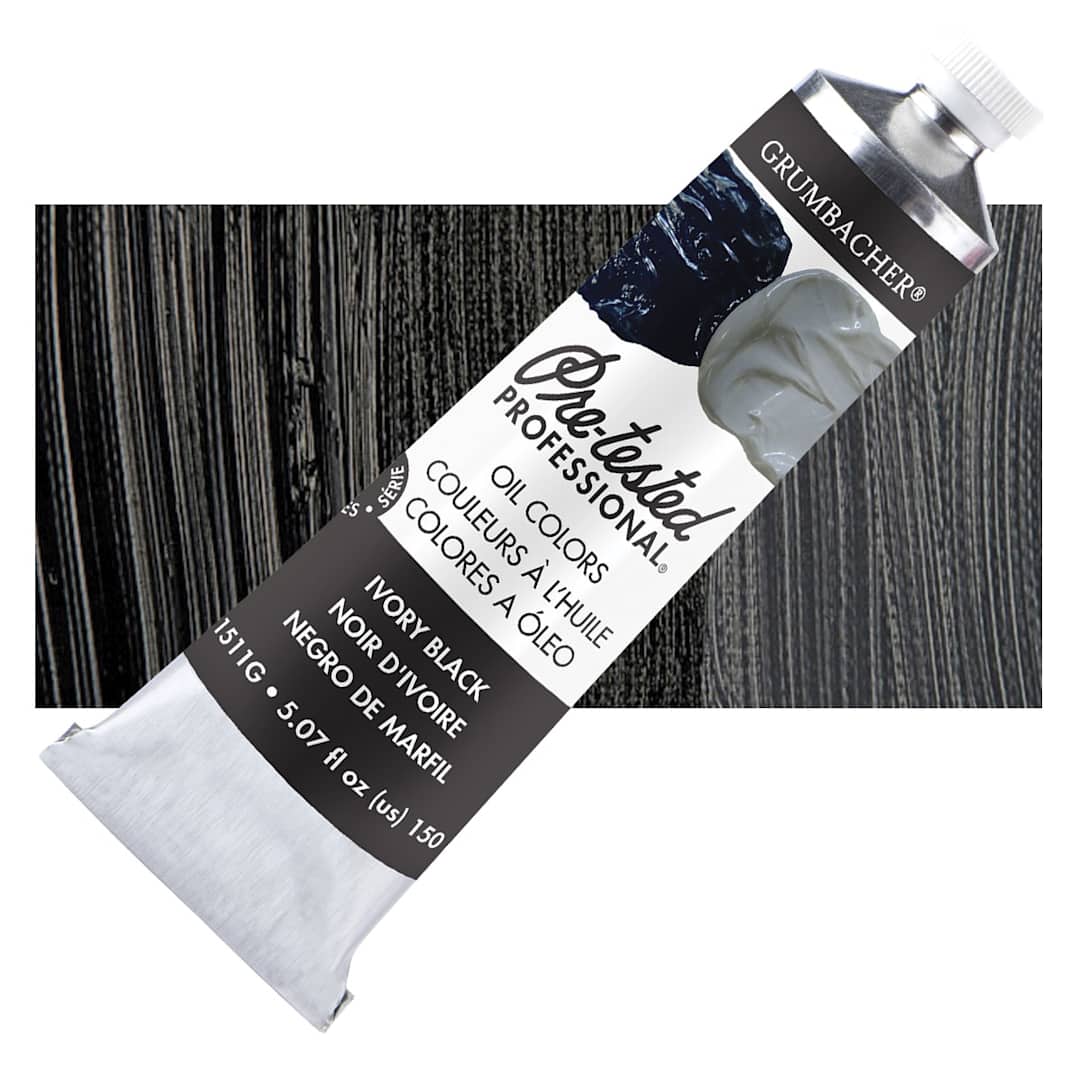 Open in modal - Grumbacher Pre-Tested Artists' Oil Color - Ivory Black, 5 oz tube and swatch