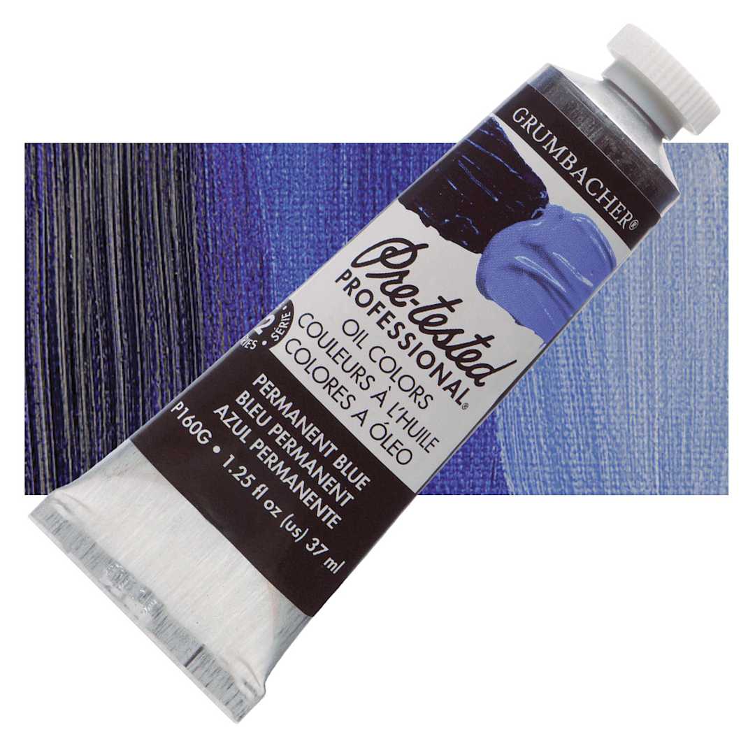 Open in modal - Grumbacher Pre-Tested Artists' Oil Color - Permanent Blue (Ultramarine), 1.25 oz tube and swatch