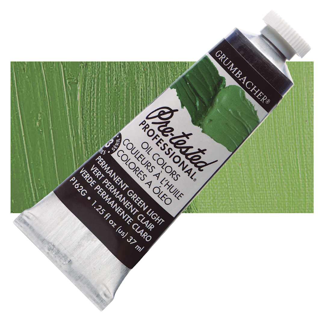 Open in modal - Grumbacher Pre-Tested Artists' Oil Color - Permanent Green Light, 1.25 oz tube and swatch
