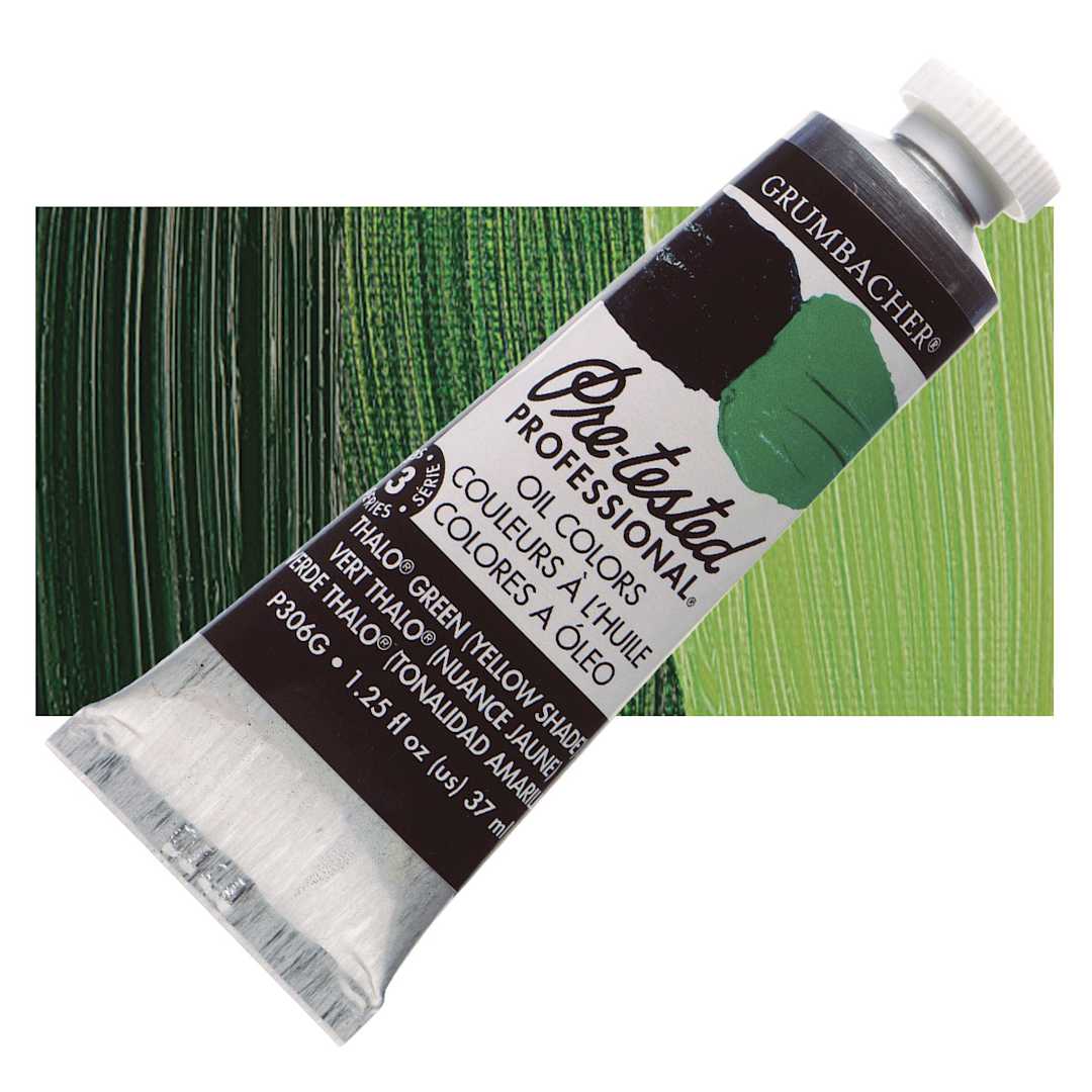 Open in modal - Grumbacher Pre-Tested Artists' Oil Color - Thalo Green (Yellow Shade), 1.25 oz tube and swatch