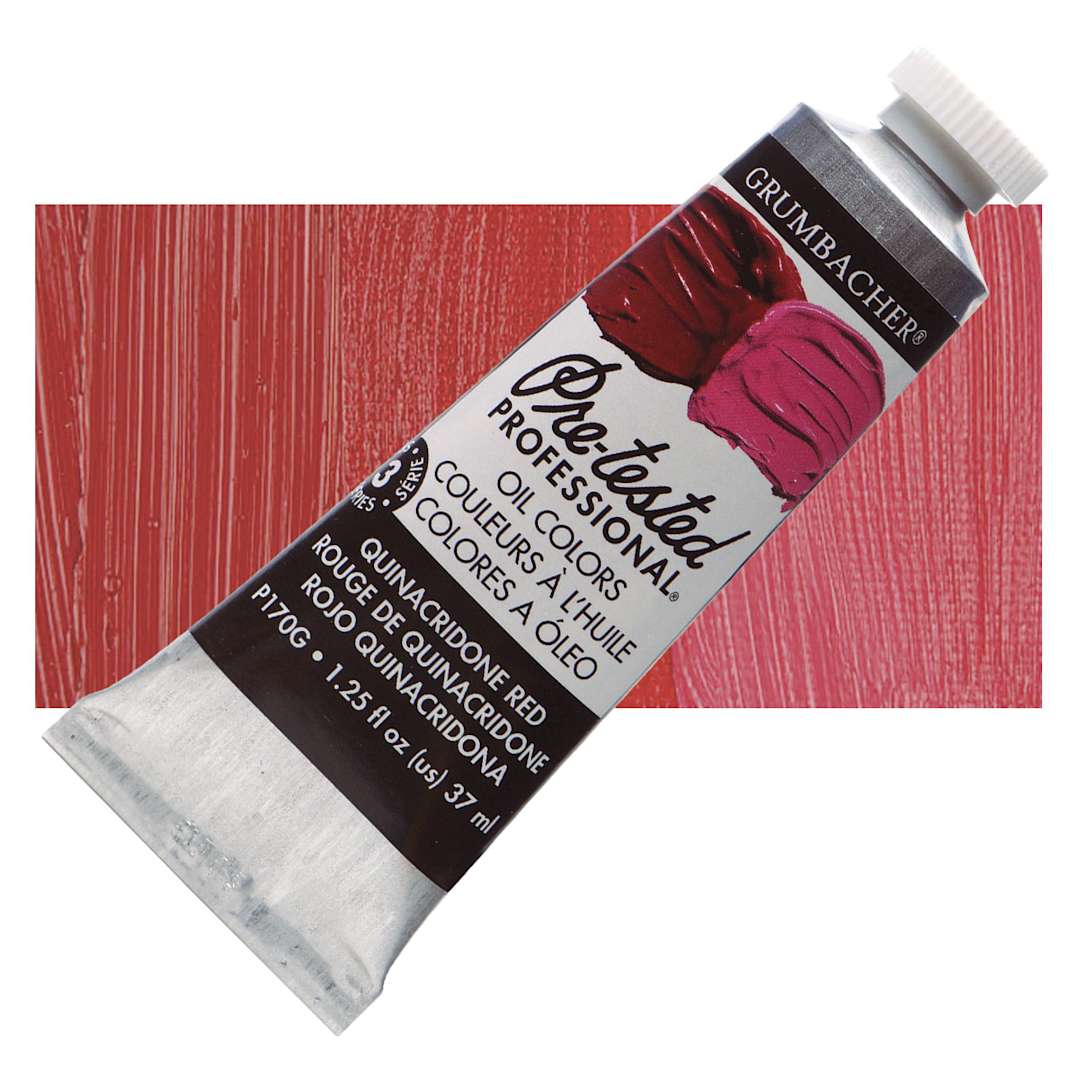 Open in modal - Grumbacher Pre-Tested Artists' Oil Color - Quinacridone Red, 1.25 oz tube and swatch