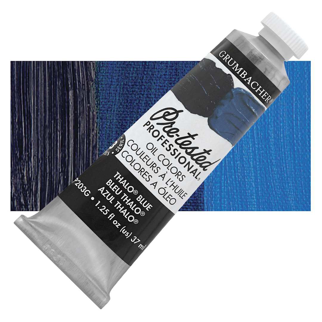 Open in modal - Grumbacher Pre-Tested Artists' Oil Color - Thalo Blue, 1.25 oz tube and swatch