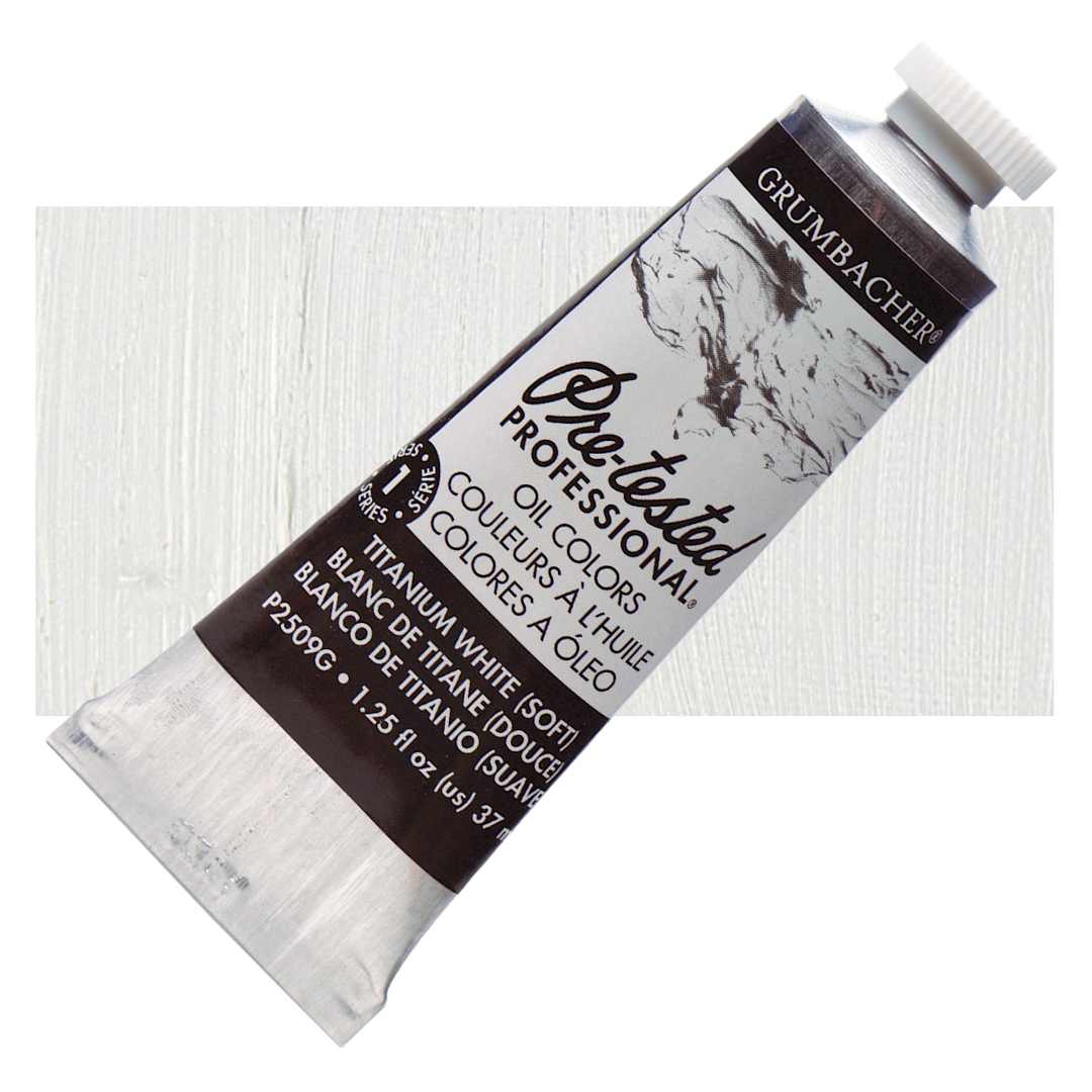 Open in modal - Grumbacher Pre-Tested Artists' Oil Color - Titanium White Soft, 1.25 oz tube and swatch