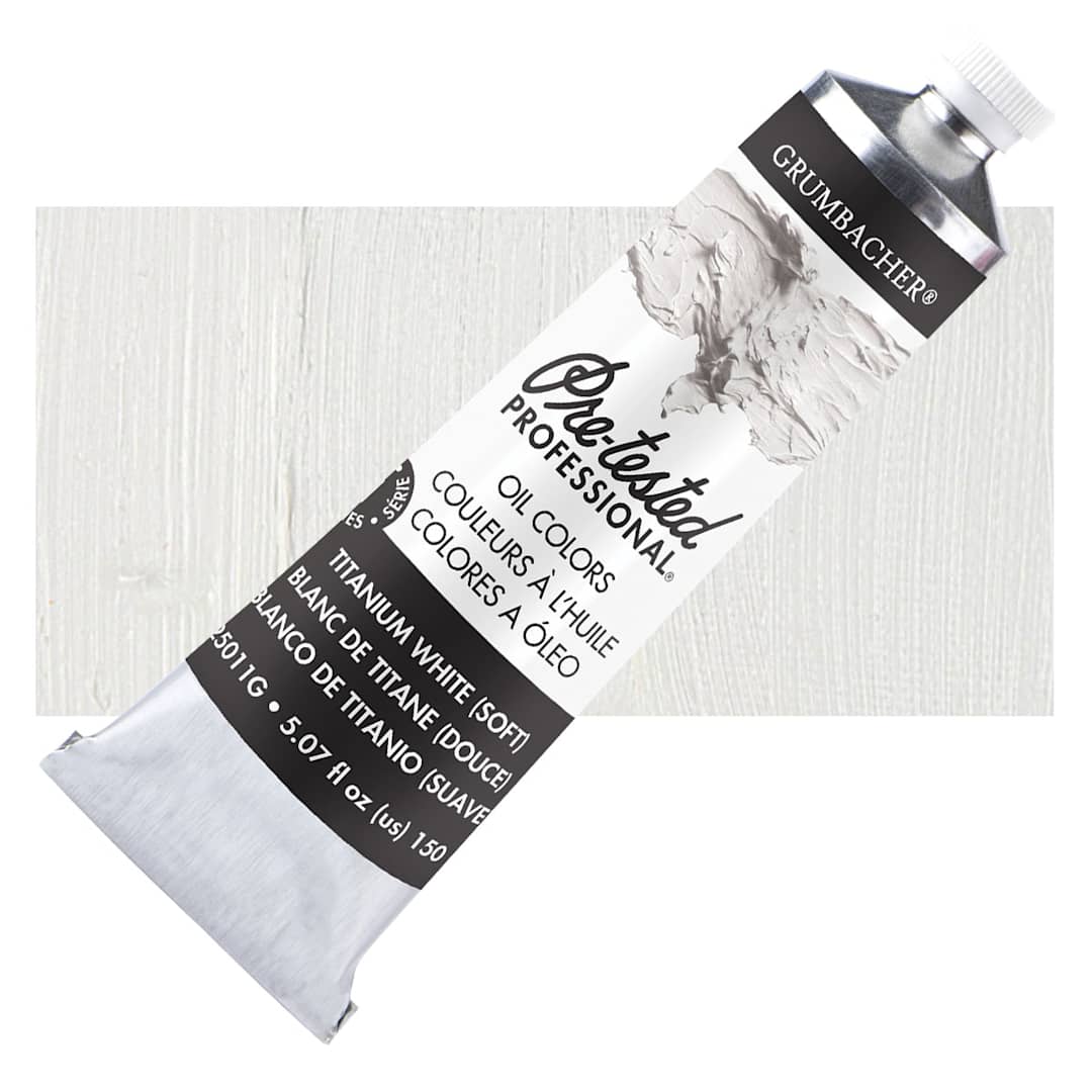 Open in modal - Grumbacher Pre-Tested Artists' Oil Color - Titanium White Soft, 5 oz tube and swatch