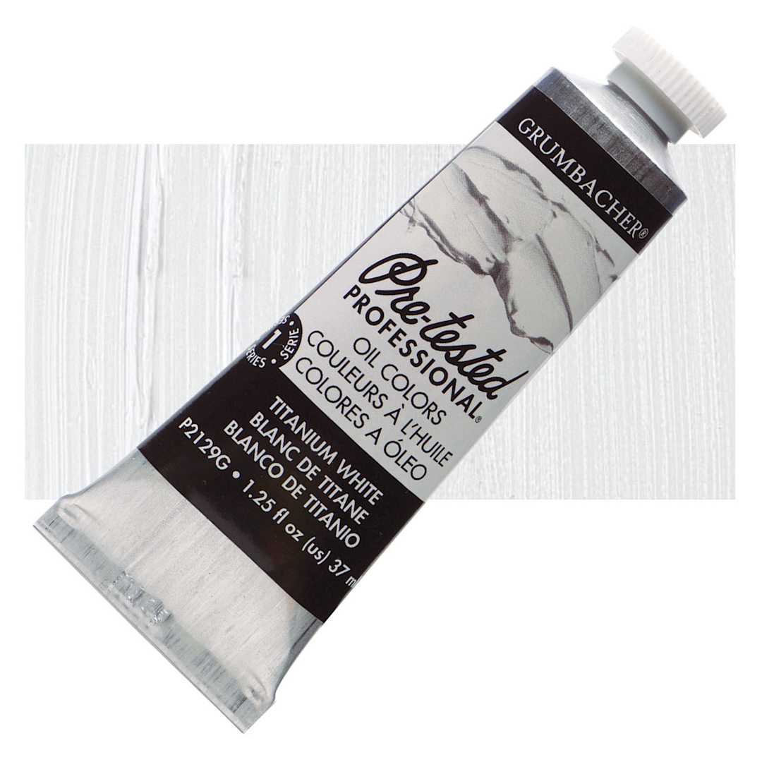 Open in modal - Grumbacher Pre-Tested Artists' Oil Color - Titanium White, 1.25 oz tube and swatch