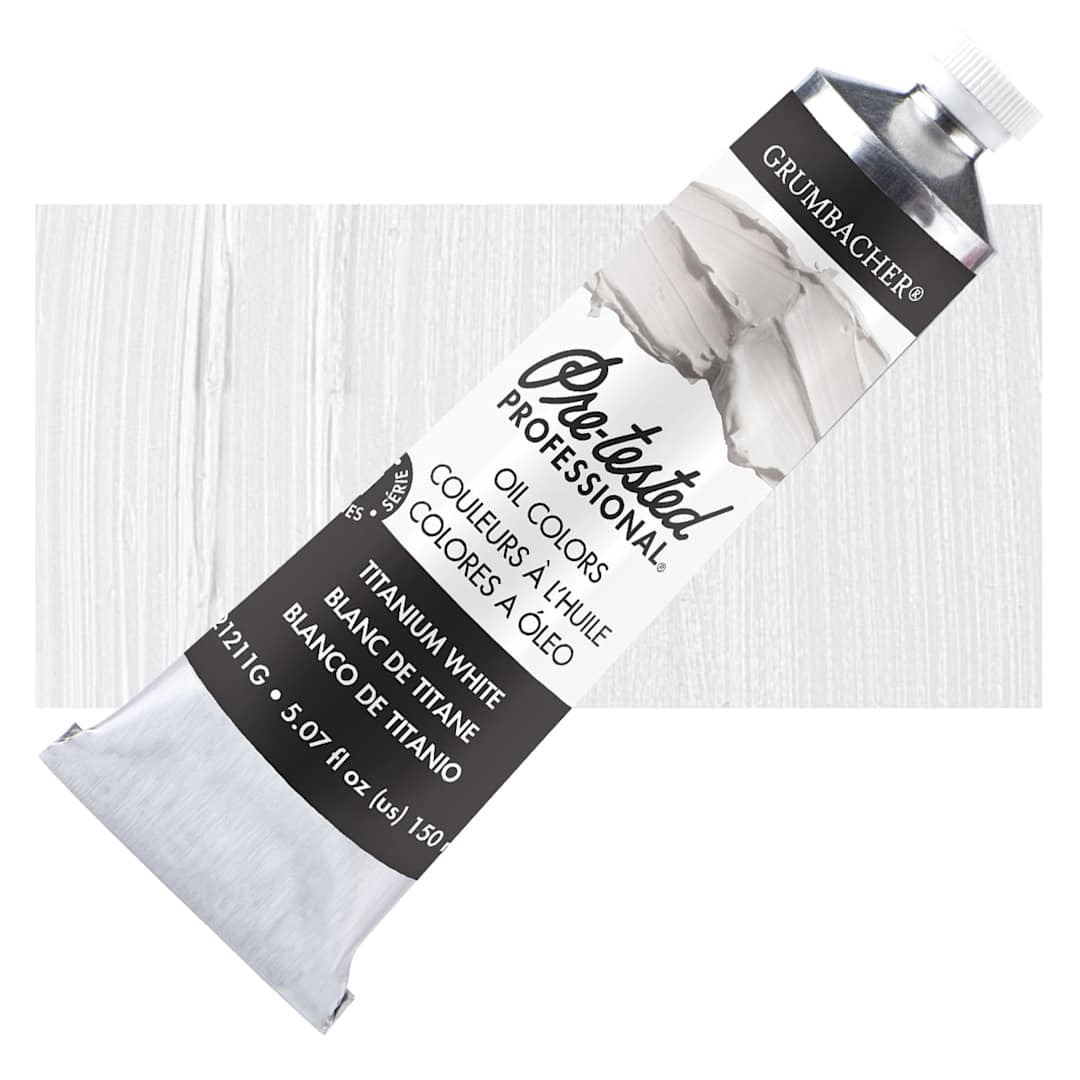 Open in modal - Grumbacher Pre-Tested Artists' Oil Color - Titanium White, 5 oz tube and swatch