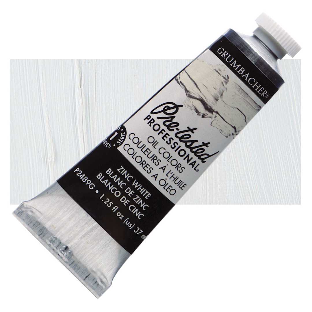 Open in modal - Grumbacher Pre-Tested Artists' Oil Color - Zinc White, 1.25 oz tube and swatch