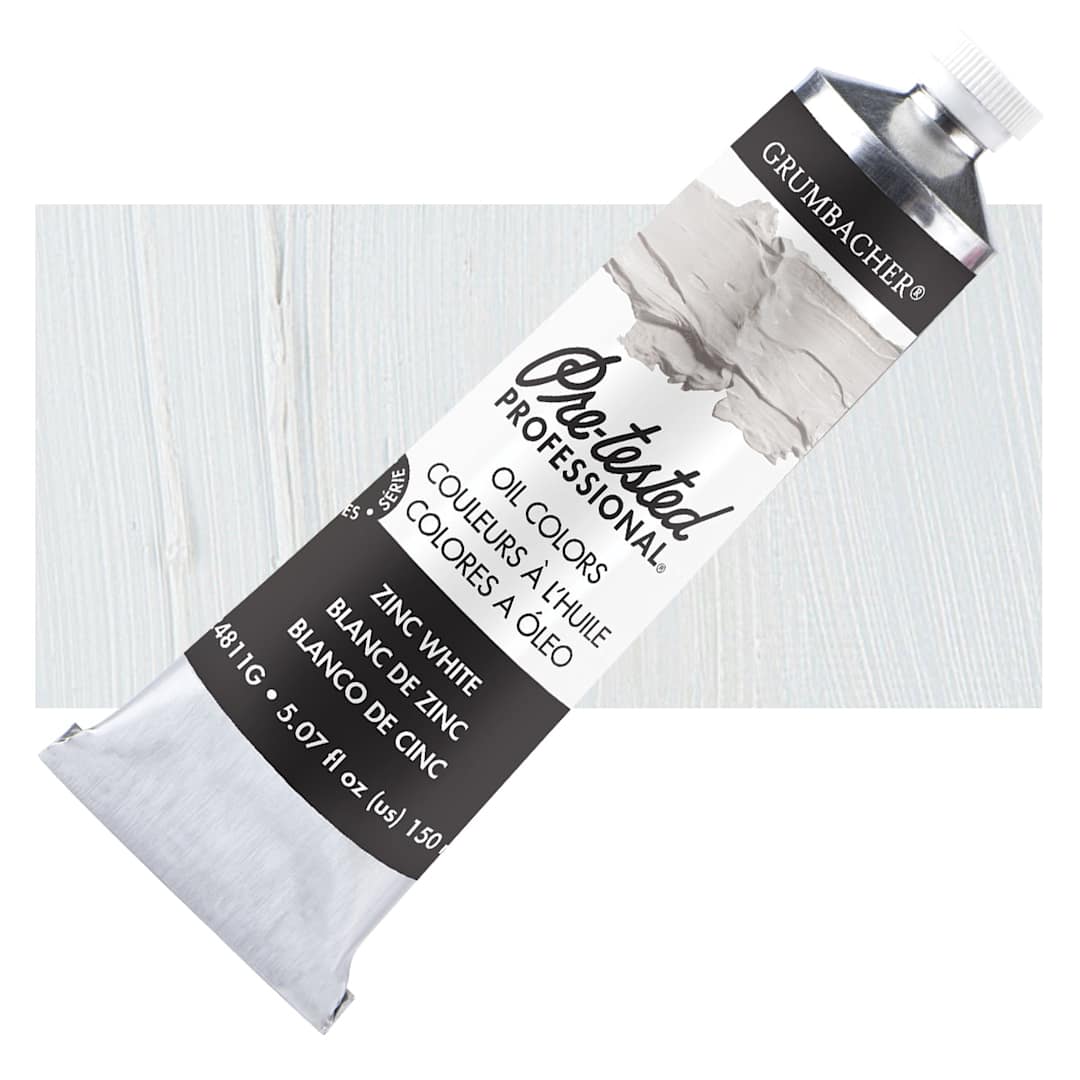 Open in modal - Grumbacher Pre-Tested Artists' Oil Color - Zinc White, 5 oz tube and swatch