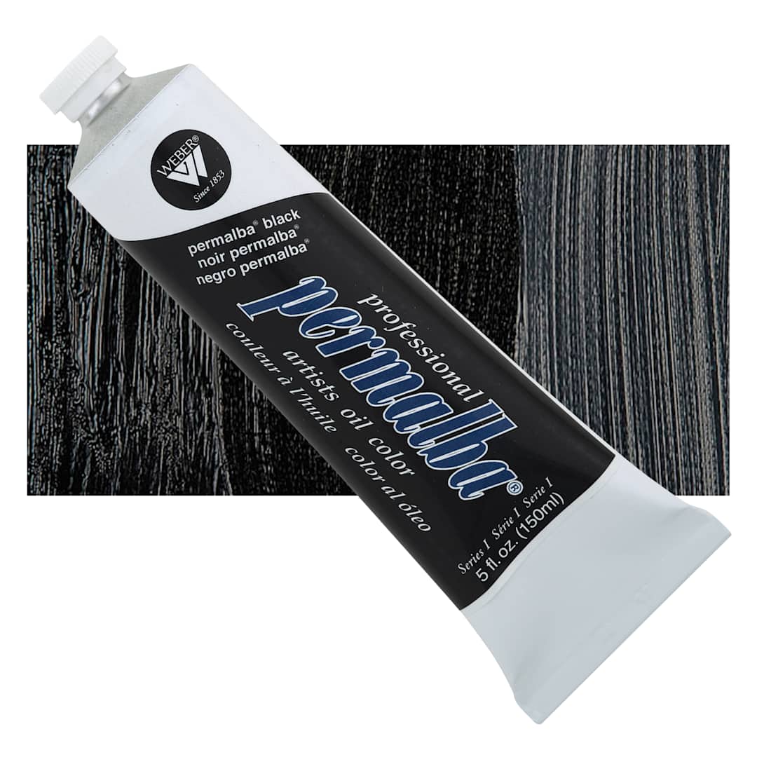 Open in modal - Weber Permalba Artists Oil Color - Permalba Black, 150 ml tube and swatch