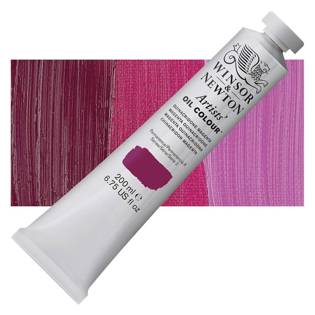 Open in modal - Winsor & Newton Artists' Oil Color - Quinacridone Magenta, 200 ml, tube and swatch