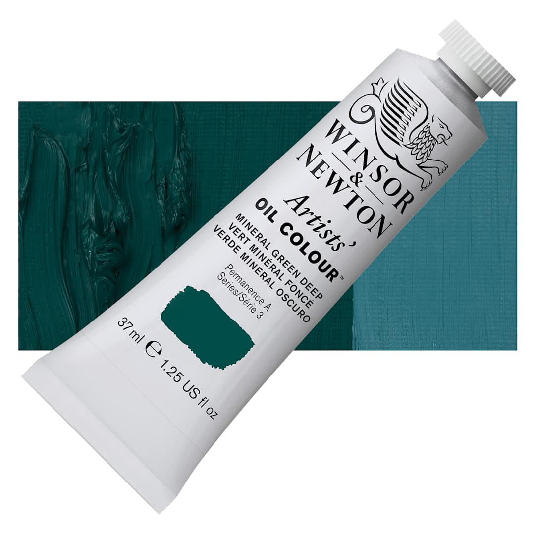 Open in modal - Winsor & Newton Artists' Oil Color - Mineral Green Deep, 37 ml tube and swatch