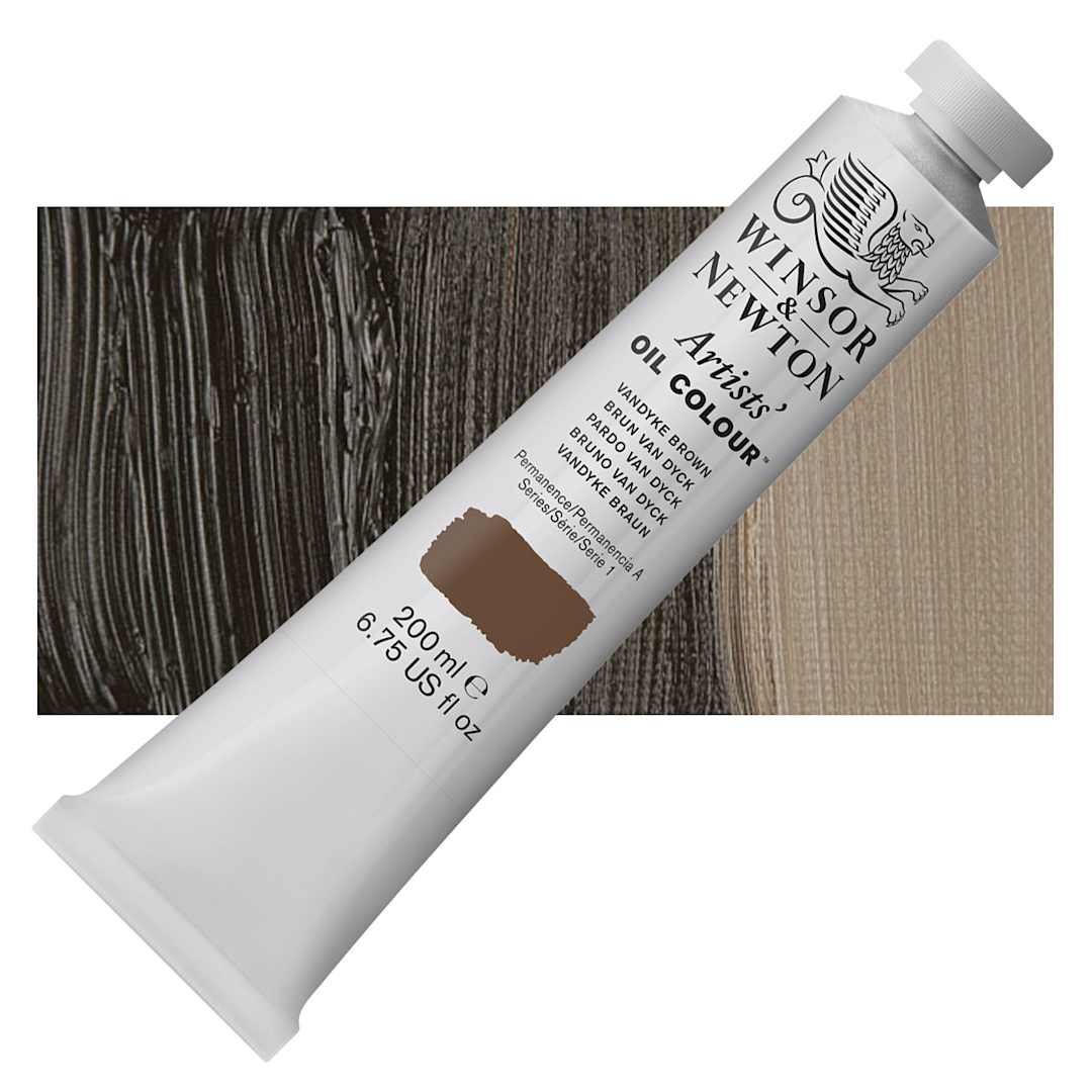 Open in modal - Winsor & Newton Artists' Oil Color - Van Dyke Brown, 200 ml, tube and swatch