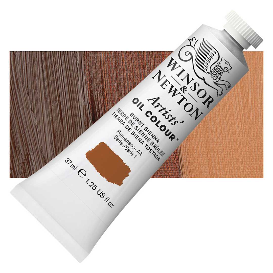 Open in modal - Winsor & Newton Artists' Oil Color - Burnt Sienna, 37 ml tube and swatch