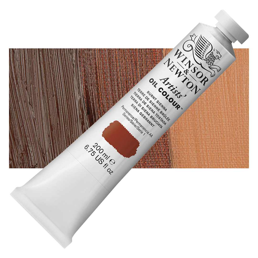 Open in modal - Winsor & Newton Artists' Oil Color - Burnt Sienna, 200 ml tube and swatch
