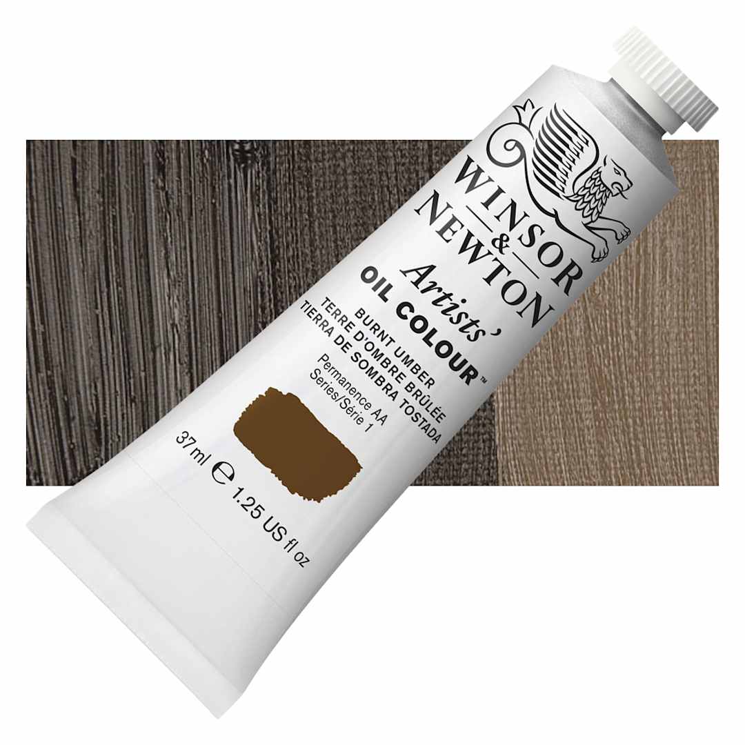 Open in modal - Winsor & Newton Artists' Oil Color - Burnt Umber, 37 ml tube and swatch