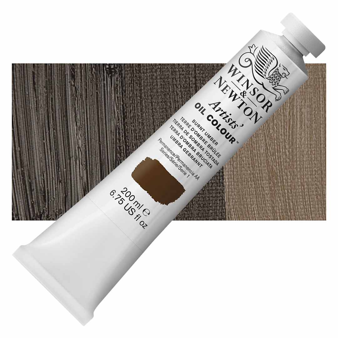 Open in modal - Winsor & Newton Artists' Oil Color - Burnt Umber, 200 ml tube and swatch