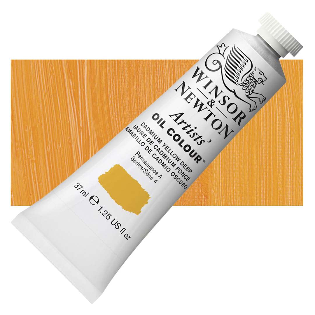 Open in modal - Winsor & Newton Artists' Oil Color - Cadmium Yellow Deep, 37 ml tube and swatch