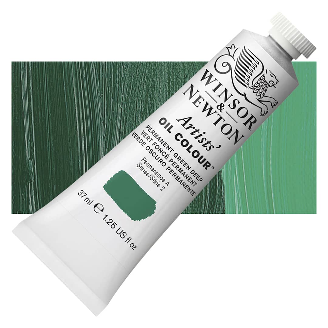 Open in modal - Winsor & Newton Artists' Oil Color - Permanent Green Deep, 37 ml tube and swatch