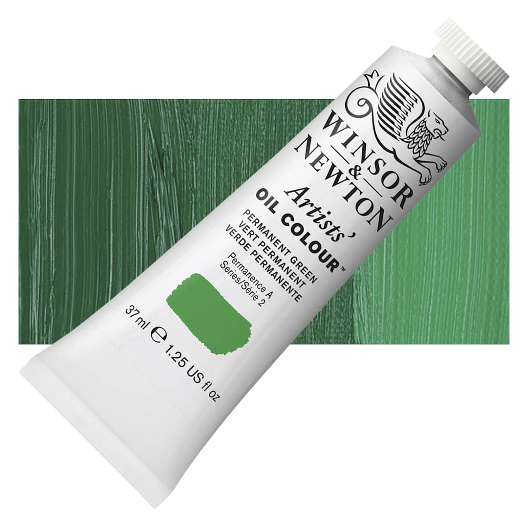 Open in modal - Winsor & Newton Artists' Oil Color - Permanent Green, 37 ml tube and swatch