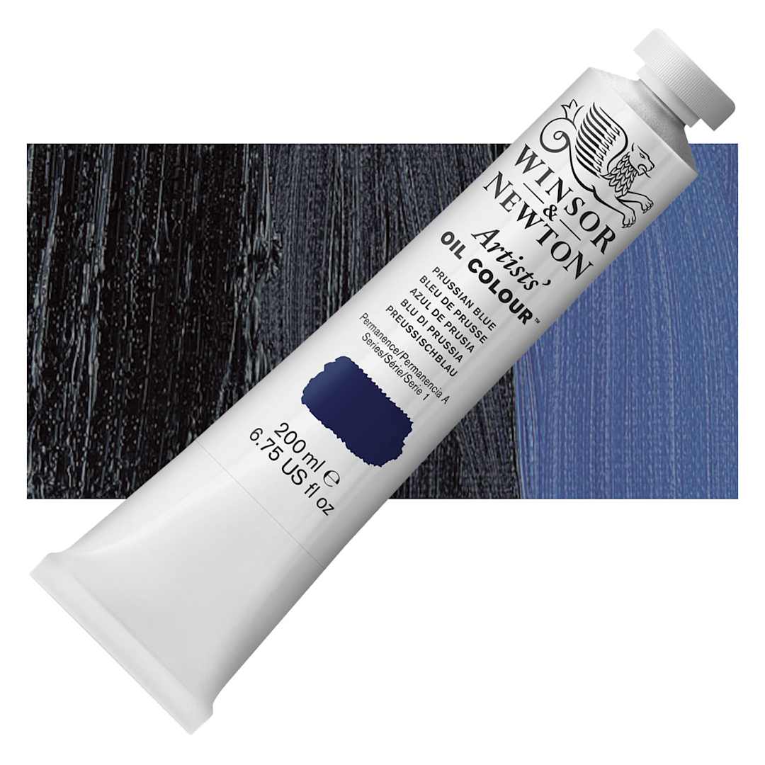 Open in modal - Winsor & Newton Artists' Oil Color - Prussian Blue, 200 ml tube and swatch