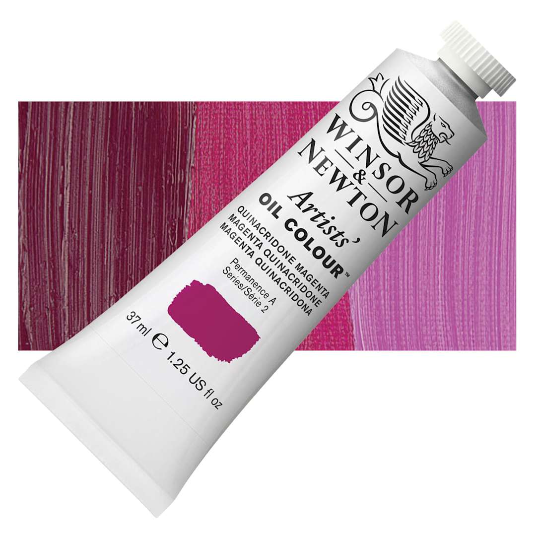 Open in modal - Winsor & Newton Artists' Oil Color - Quinacridone Magenta, 37 ml tube and swatch