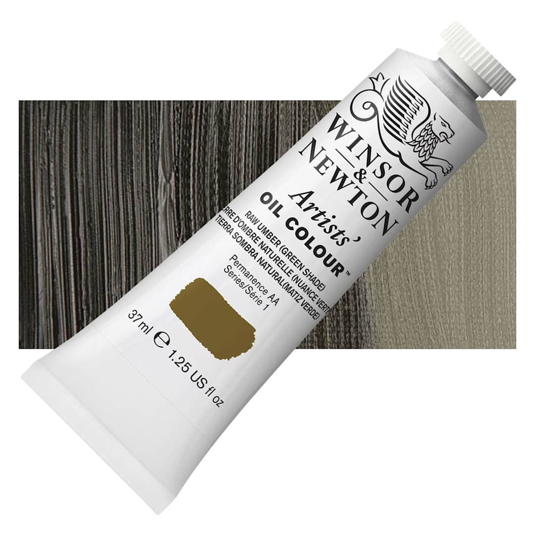 Open in modal - Winsor & Newton Artists' Oil Color - Raw Umber (Green Shade), 200 ml tube and swatch