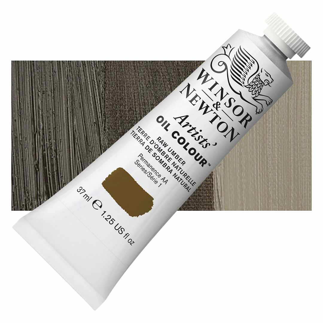 Open in modal - Winsor & Newton Artists' Oil Color - Raw Umber, 37 ml tube and swatch