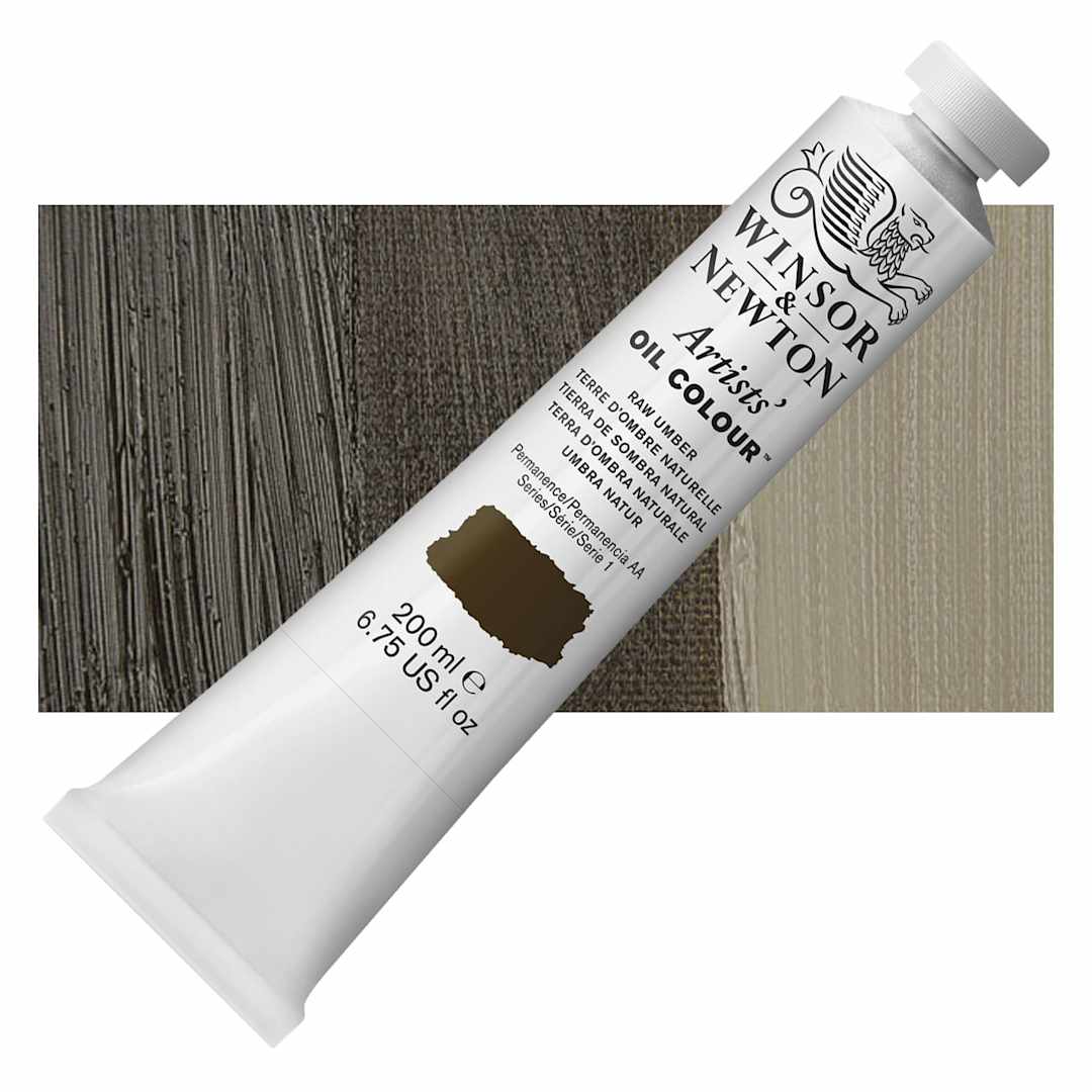 Open in modal - Winsor & Newton Artists' Oil Color - Raw Umber, 200 ml tube and swatch
