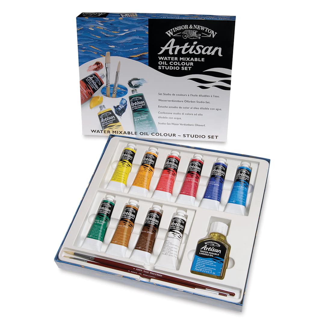 Open in modal - Winsor & Newton Artisan Water Mixable Oil Paint - Studio Set of 10 Colors shown in open package