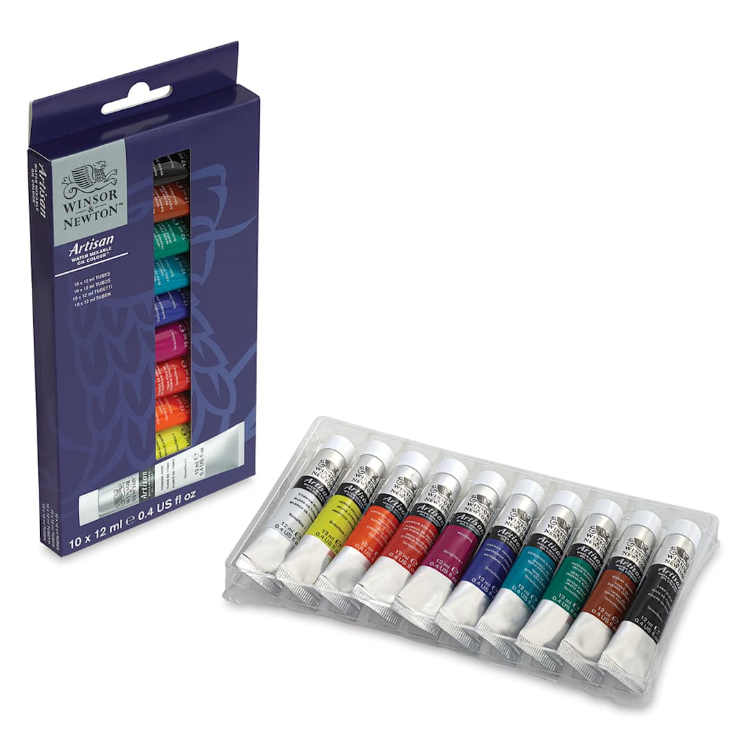 Open in modal - Winsor & Newton Artisan Water Mixable Oil Paint - 10 12 ml Tubes shown in open tray with pkg