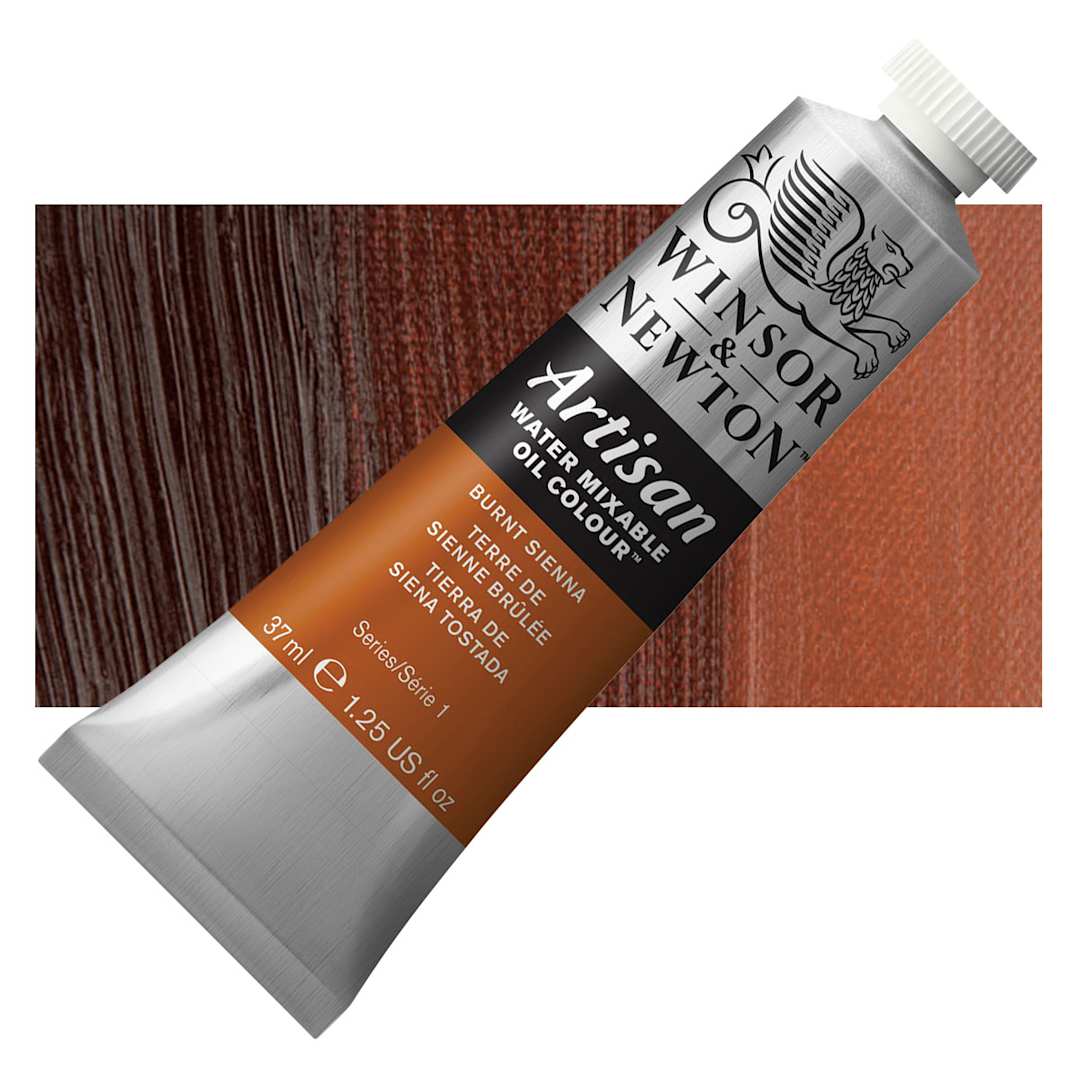 Open in modal - Winsor & Newton Artisan Water Mixable Oil Paint - Burnt Sienna, 37 ml tube and swatch