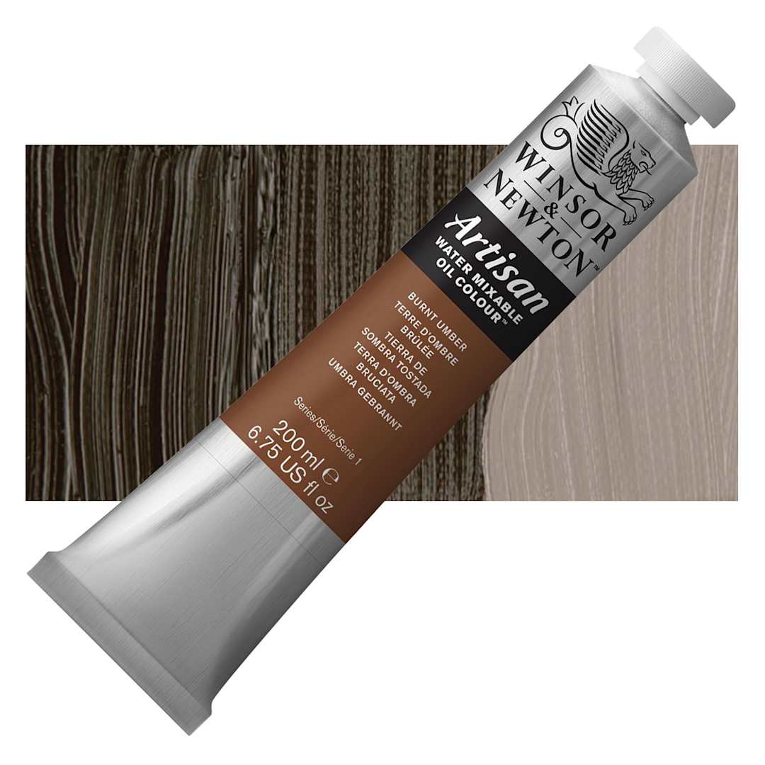 Open in modal - Winsor & Newton Artisan Water Mixable Oil Paint - Burnt Umber, 200 ml tube and swatch