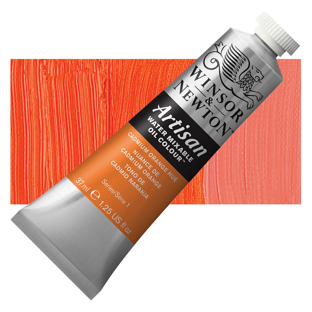 Open in modal - Winsor & Newton Artisan Water Mixable Oil Paint - Cadmium Orange Hue, 37 ml tube and swatch
