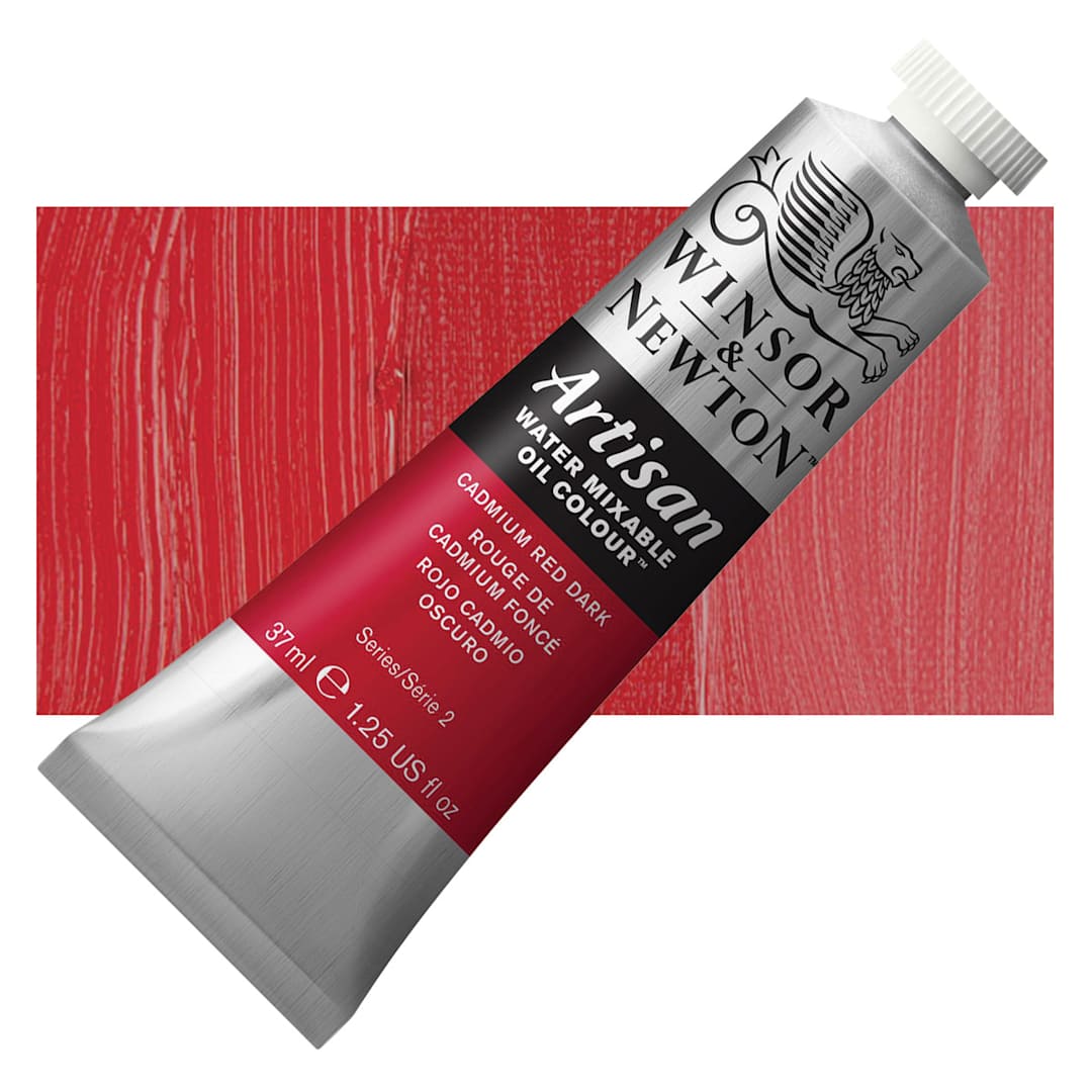 Open in modal - Winsor & Newton Artisan Water Mixable Oil Paint - Cadmium Red Dark, 37 ml tube and swatch