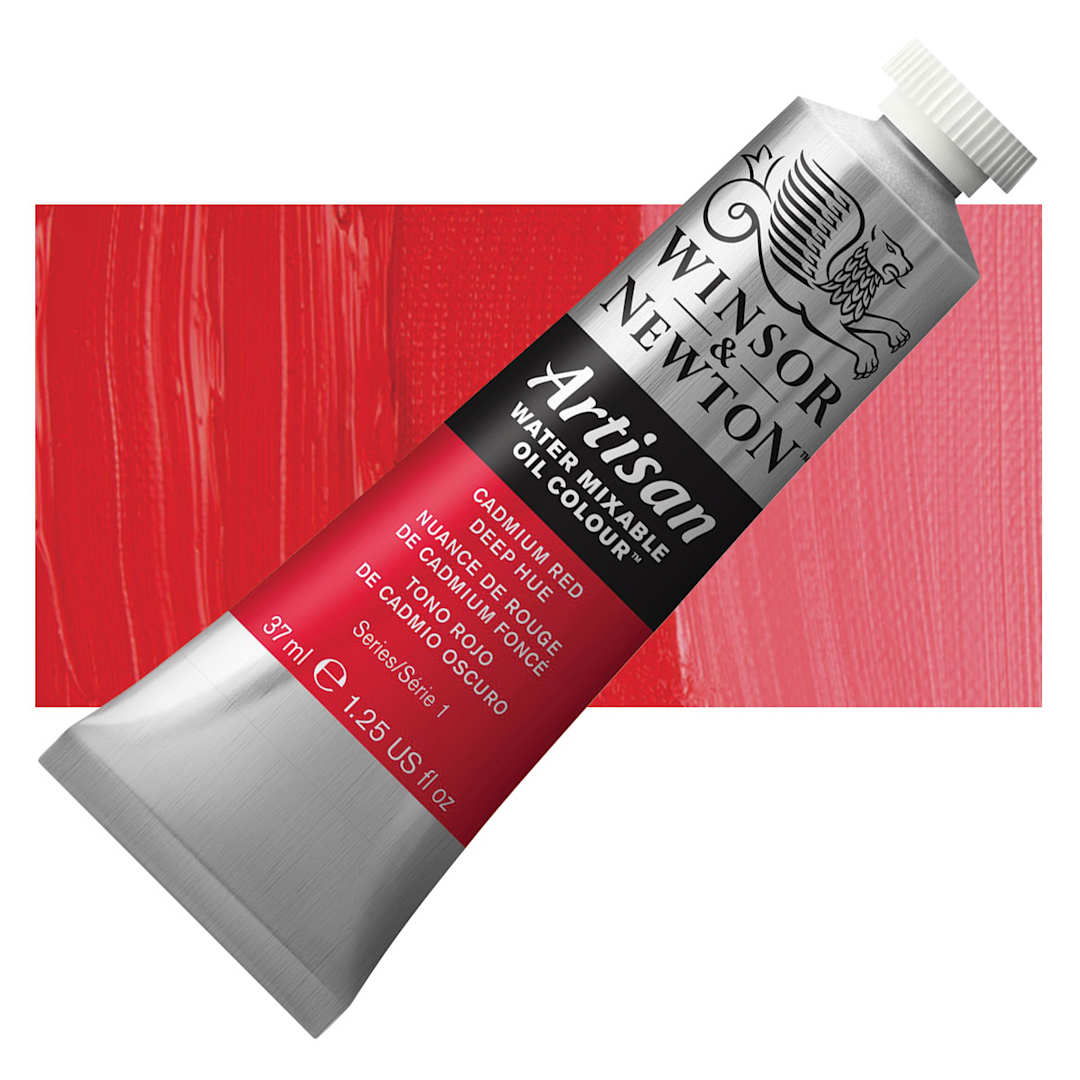 Open in modal - Winsor & Newton Artisan Water Mixable Oil Paint - Cadmium Red Deep Hue, 37 ml tube and swatch