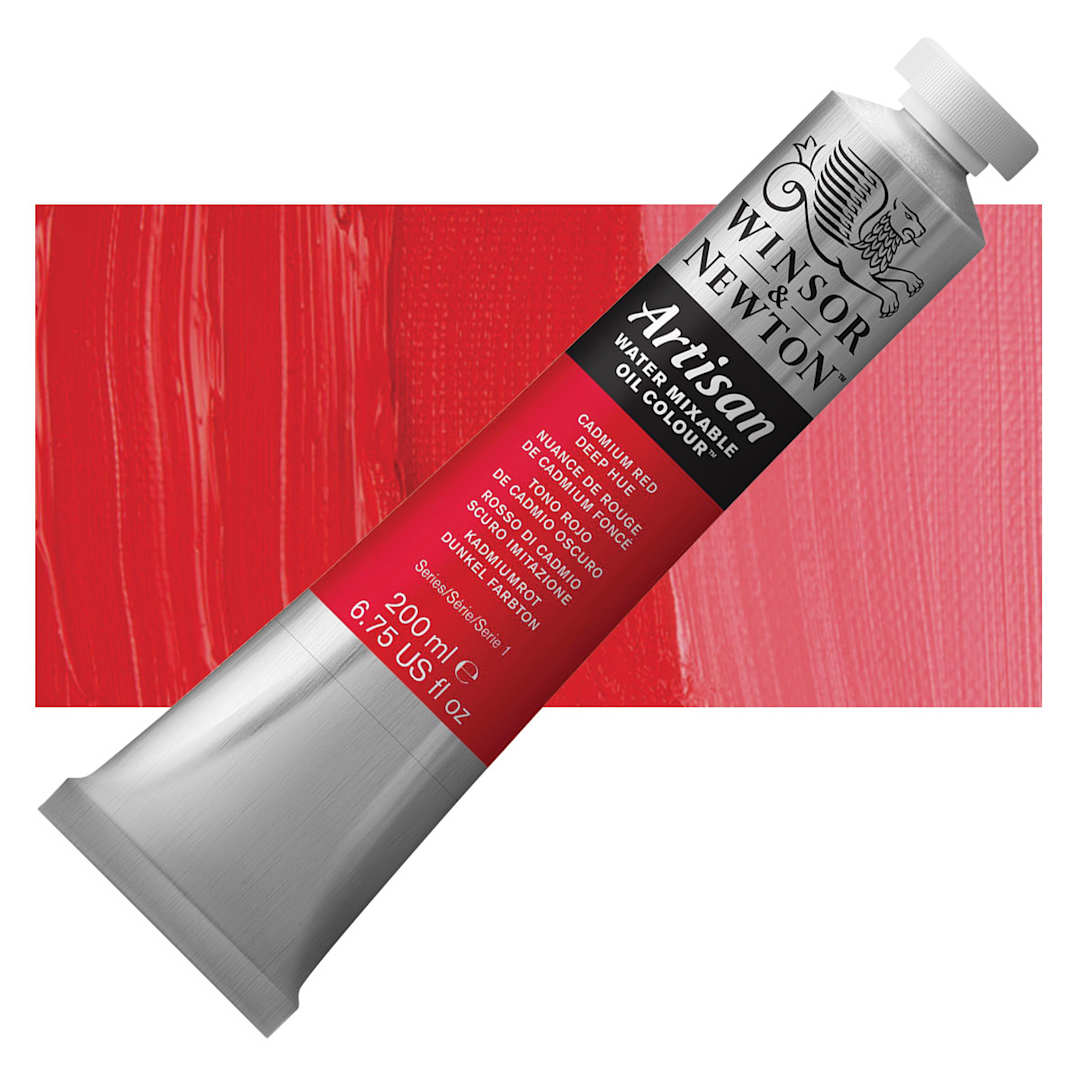 Open in modal - Winsor & Newton Artisan Water Mixable Oil Paint - Cadmium Red Deep Hue, 200 ml tube and swatch