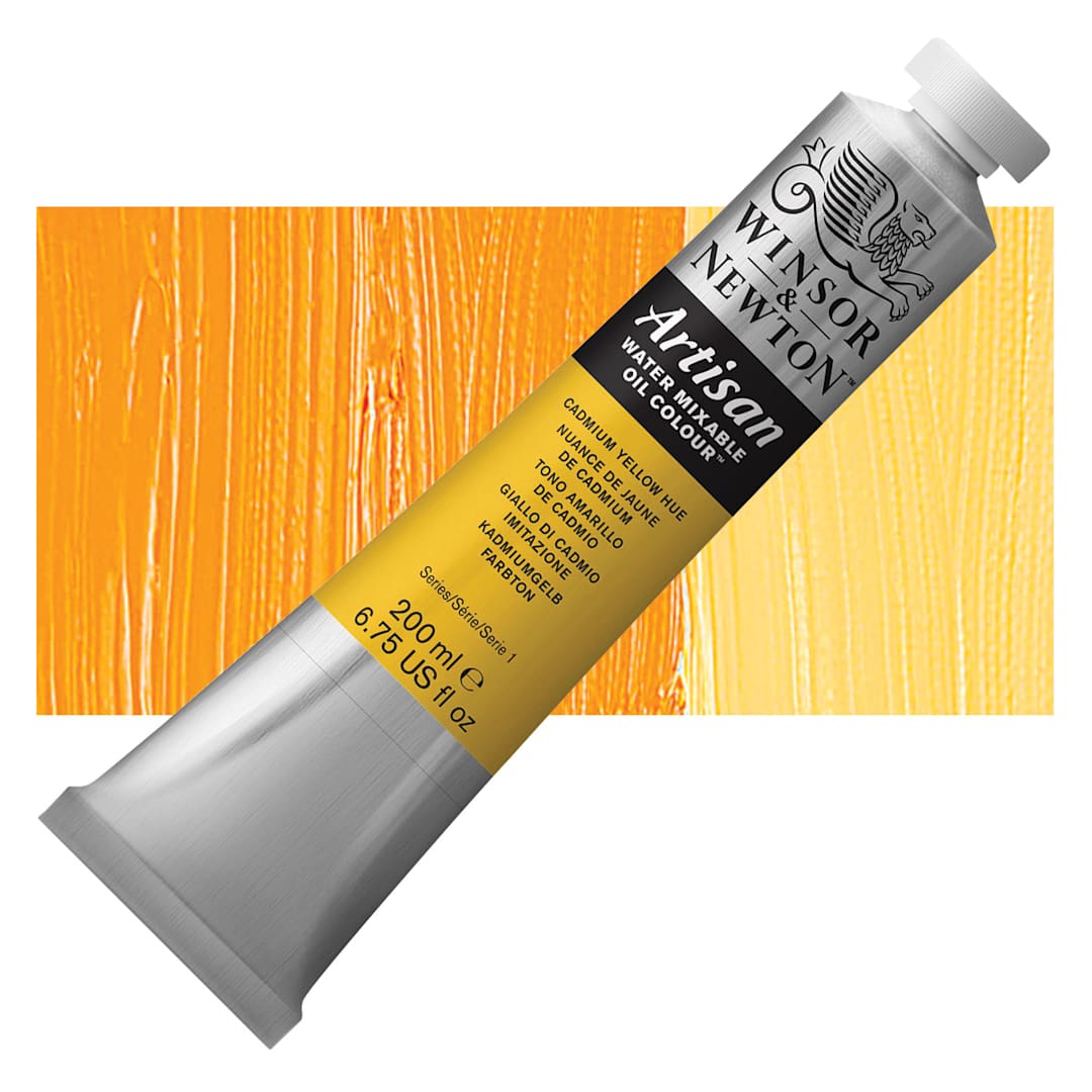 Open in modal - Winsor & Newton Artisan Water Mixable Oil Paint - Cadmium Yellow Hue, 200 ml tube and swatch