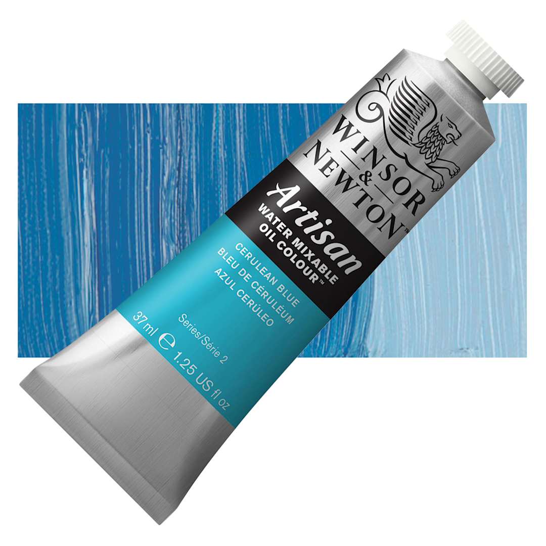 Open in modal - Winsor & Newton Artisan Water Mixable Oil Paint - Cerulean Blue, 37 ml tube and swatch