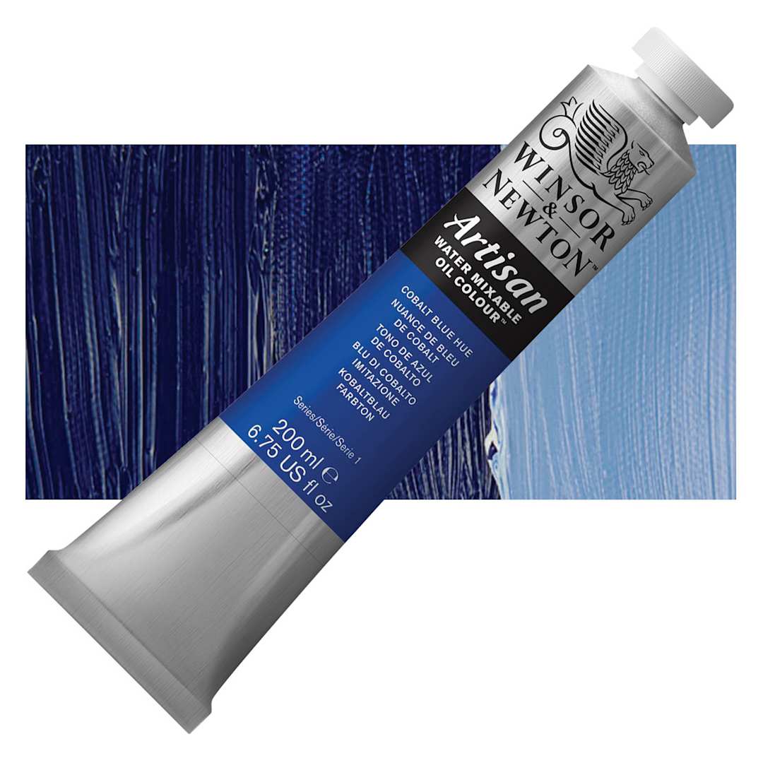Open in modal - Winsor & Newton Artisan Water Mixable Oil Paint - Cobalt Blue Hue, 200 ml tube and swatch