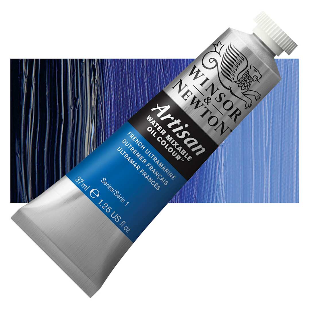 Open in modal - Winsor & Newton Artisan Water Mixable Oil Paint - French Ultramarine, 37 ml tube and swatch
