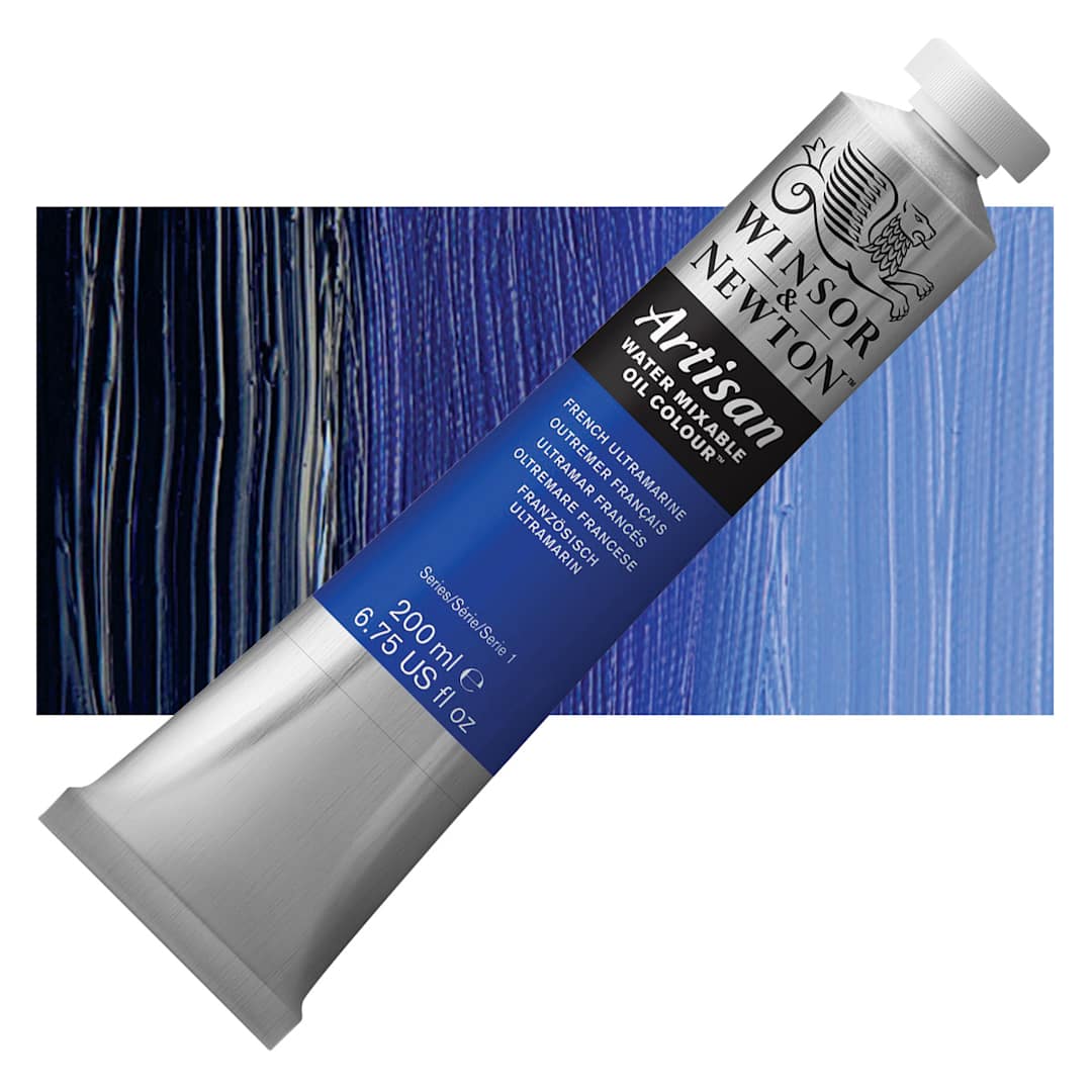 Open in modal - Winsor & Newton Artisan Water Mixable Oil Paint - French Ultramarine, 200 ml tube and swatch