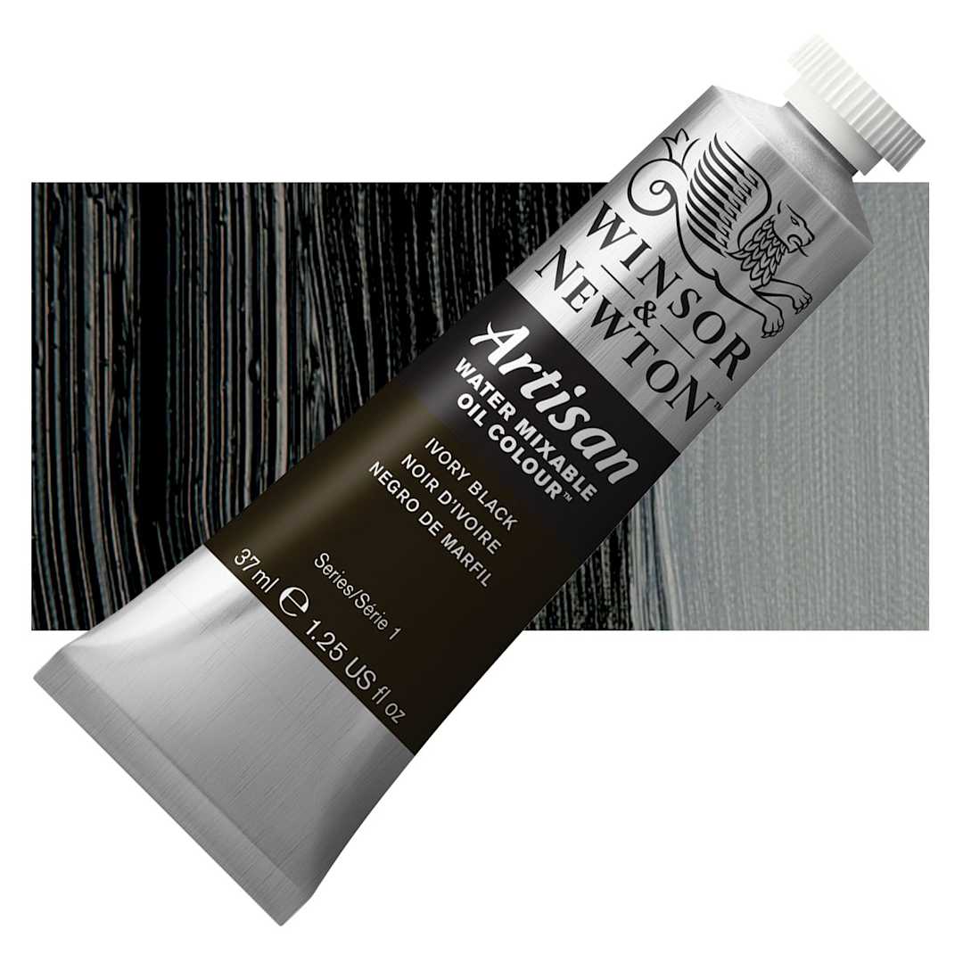 Open in modal - Winsor & Newton Artisan Water Mixable Oil Paint - Ivory Black, 37 ml tube and swatch