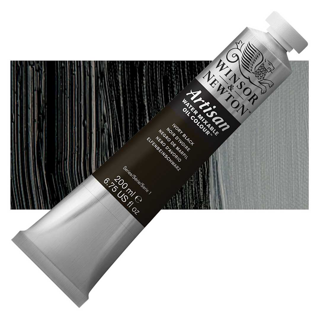 Open in modal - Winsor & Newton Artisan Water Mixable Oil Paint - Ivory Black, 200 ml tube and swatch