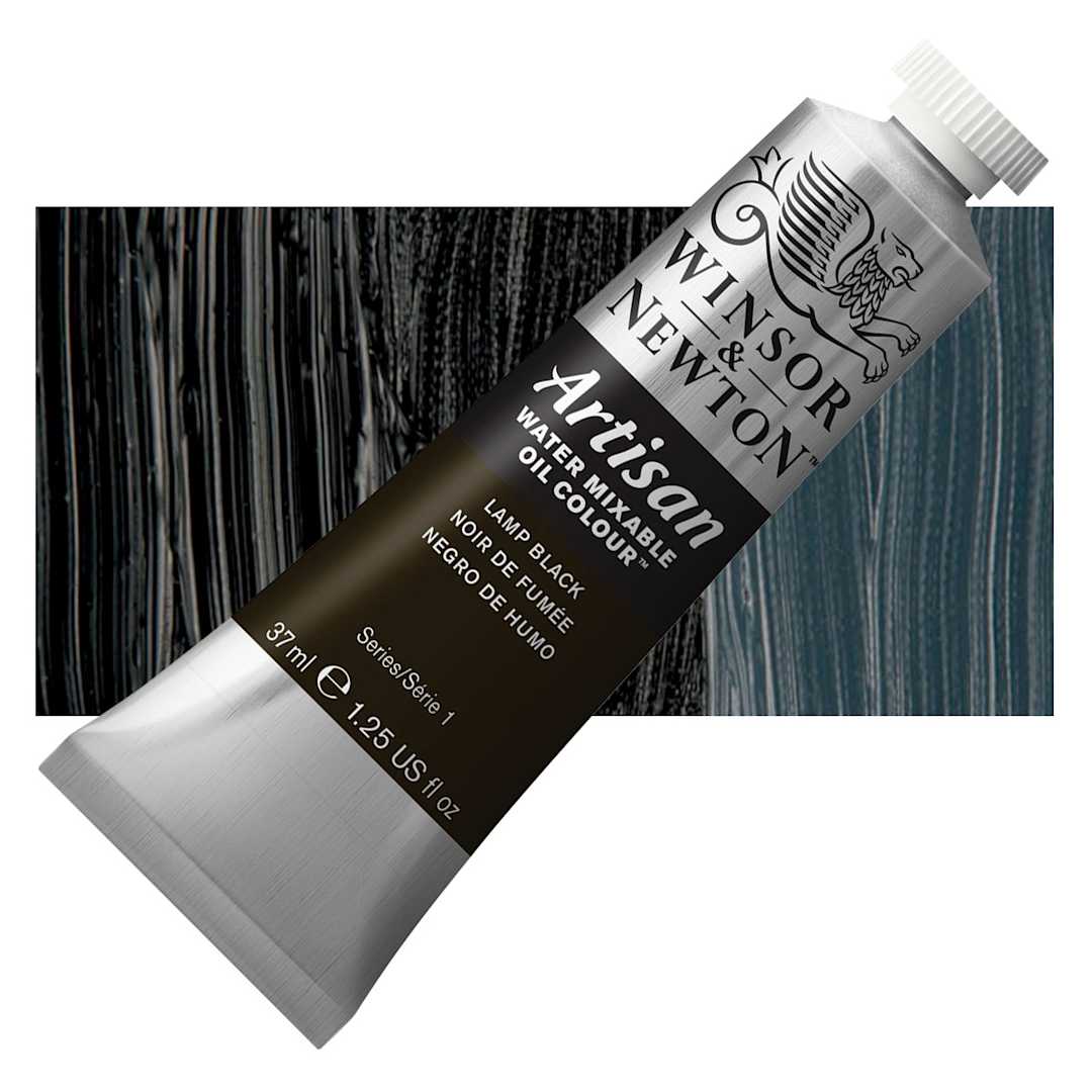 Open in modal - Winsor & Newton Artisan Water Mixable Oil Paint - Lamp Black, 37 ml tube and swatch