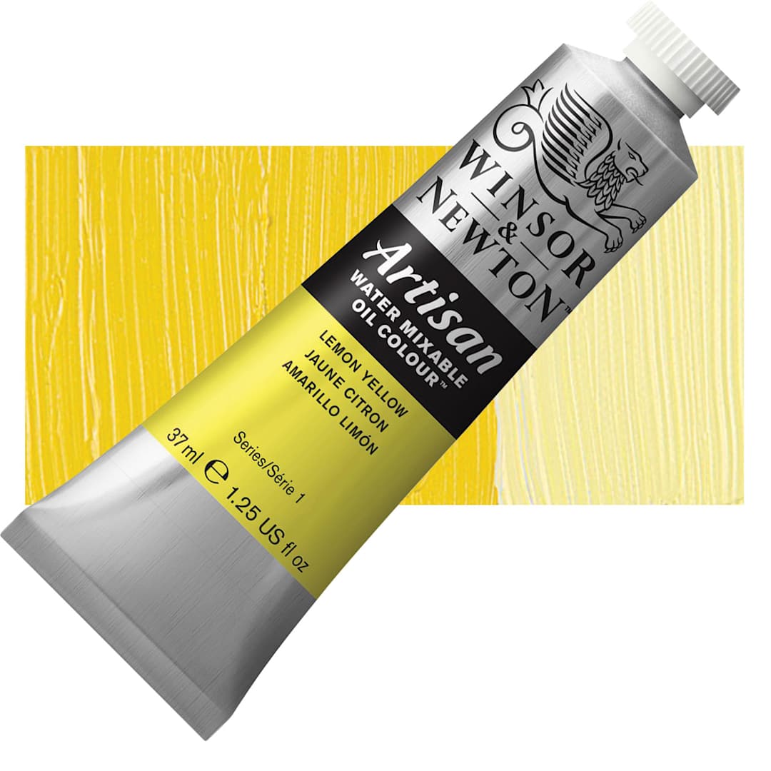 Open in modal - Winsor & Newton Artisan Water Mixable Oil Paint - Lemon Yellow, 37 ml tube and swatch